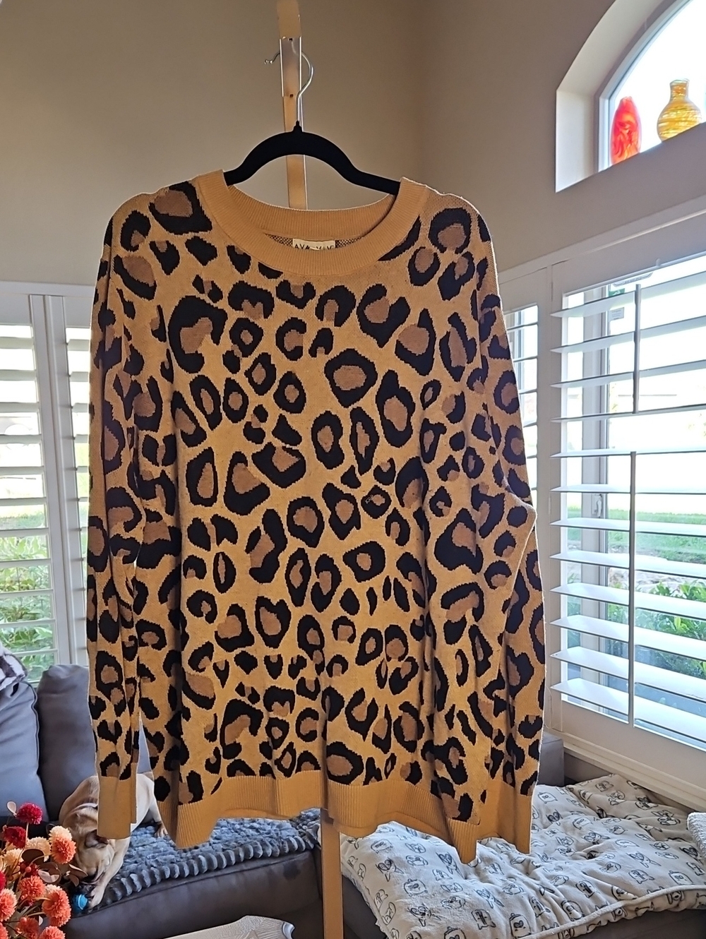Ava & Viv Leopard Print Crewneck Sweater - Camel & Black